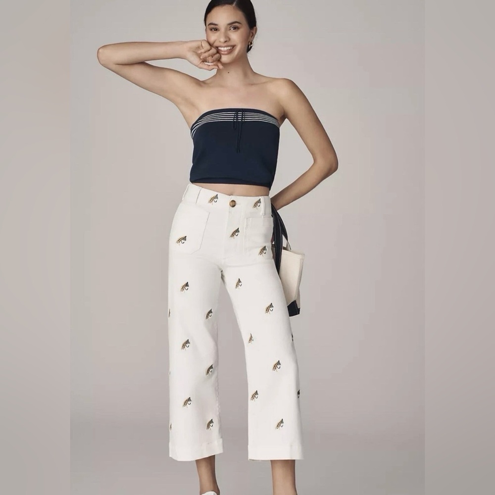 Anthropologie The Colette Embroidered Wide Leg Fishing Fly Pants Nude